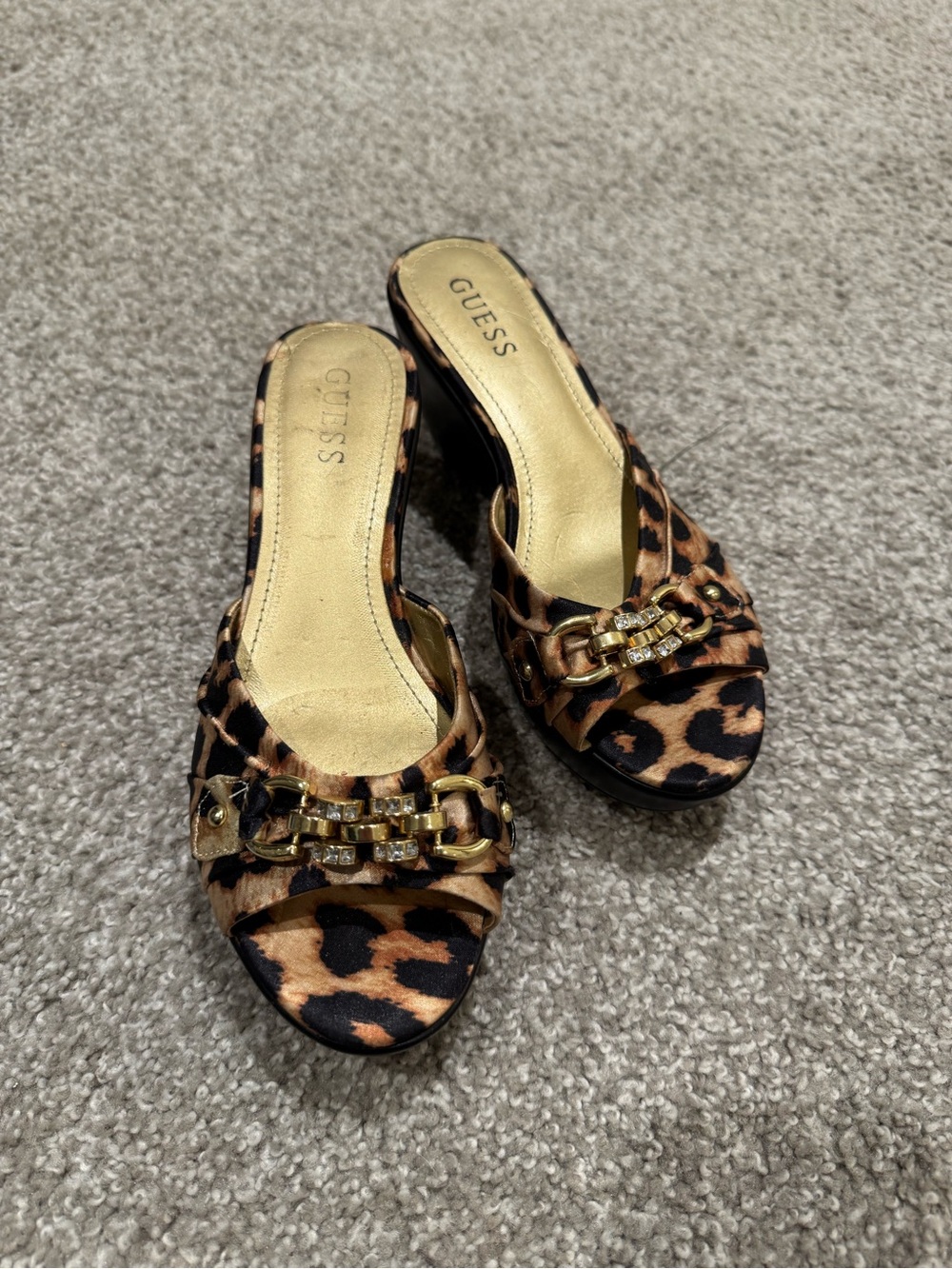 GUESS Leopard-Print Slide Mules with Gold Chain Detail